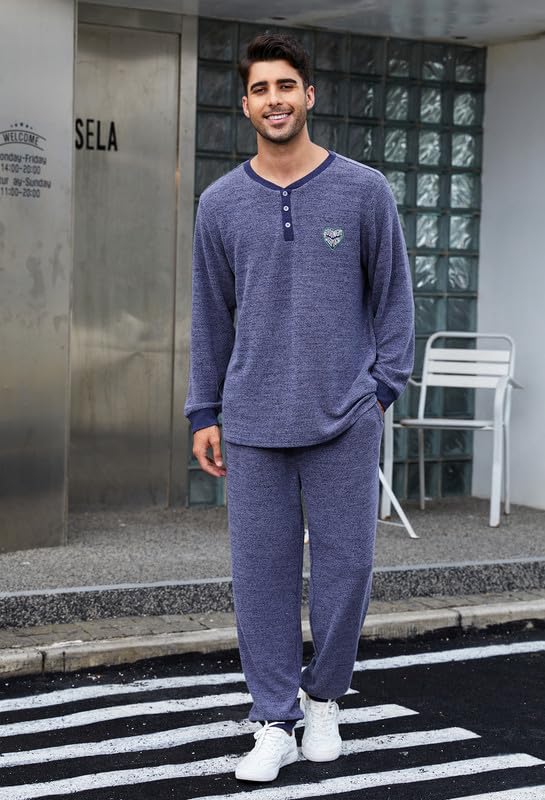 Mens Henley Collar Pajama Set Long Sleeve Pajamas for Men loungewear Casual Sleepwear Pjs Set