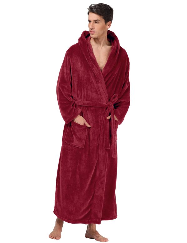 Men's Plush Hooded Bathrobe Winter Warm Fleece Robes Soft Flannel Long Robes with Pockets, Full Length