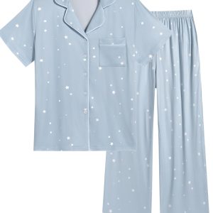 Womens Pajamas Set Plaid PJs Soft Button Down Sleepwear Short Sleeve Nightwear with Long Pants