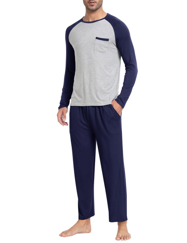 Mens Pajama Set Long Sleeve V Neck 2 Piece Nightwear Loungewear Sleepwear Modal Pants With Pockets Pj's Sleep for Men