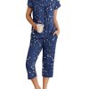 Womens Pajama Set Short Sleeve Sleepwear Pleated Floral Pjs Set Capri Pants Lounge Sets with Pockets S-XXL
