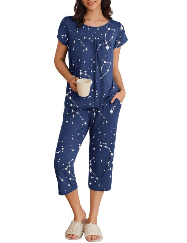 Womens Pajama Set Short Sleeve Sleepwear Pleated Floral Pjs Set Capri Pants Lounge Sets with Pockets S-XXL