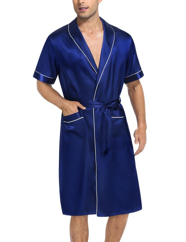 Men's Satin Robe with Shorts Set Silky Short Sleeve Kimono Bathrobe Lightweight Soft Sleepwear