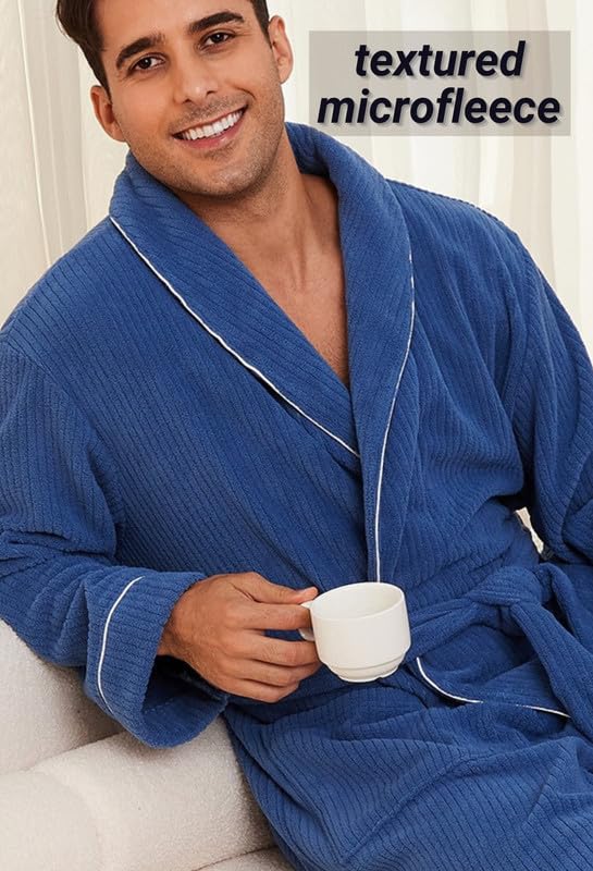 Mens Shawl Collar Fleece Bathrobe, Soft Warm Long Sleeve Robe with Pockets Spa Robes for Men Cozy Sleepwear