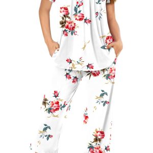 Womens Pajama Set 2 Piece Summer Sleepwear Set Henley Neck Short Sleeve Capri Pant With Pockets Ladies Pjs