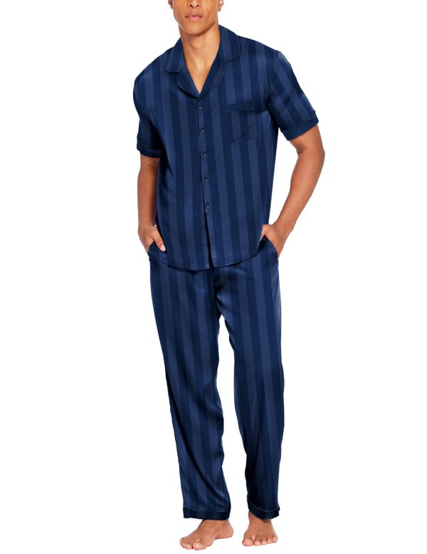Men Satin Silk Pajamas Set 2 Piece Button Down Sleepwear Long Pants Loungewear with Pockets