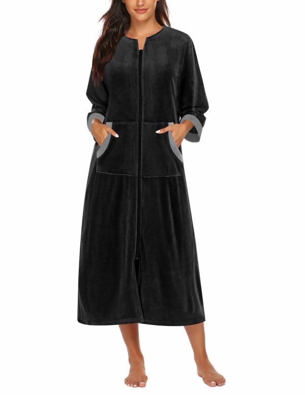 Robe for Women Velour Zipper Robe 3/4 Sleeves Housecoat Full Length Loungewear Long Bathrobe with Pockets