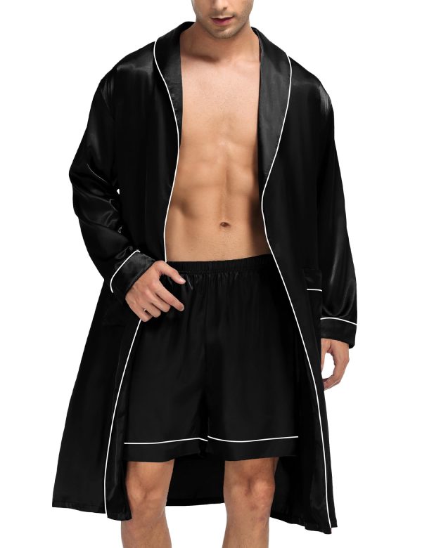 Men's Satin Robe Silky Kimono Bathrobe with Shorts Set Lightweight Soft Loungewear Nightwear