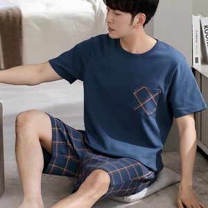 Men's Cotton Short Sleeve Pajamas Sleepwear Adult Casual Shorts & Shirt PJ Set Summer Tee