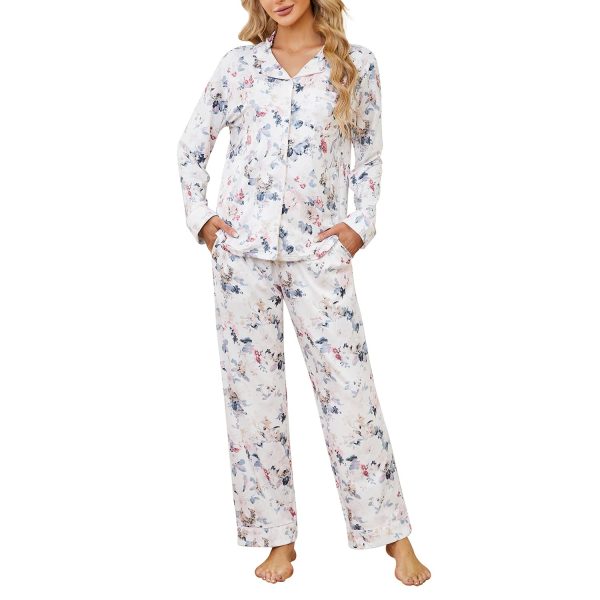 Womens Pajama Sets Floral Print, Long Sleeve Button Down Pajamas Set for Women Soft Sleepwear Pjs 2 piece Loungewear