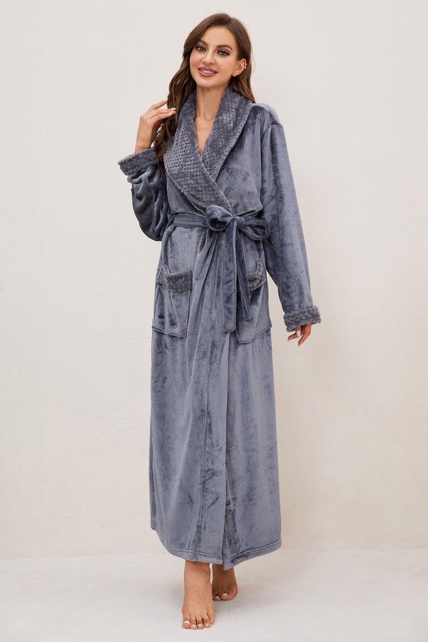 Womens Long Fleece Robe Soft Plush Robes for Women Warm Bathrobes Comfy House Coat Full-length