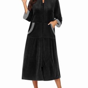 Robe for Women Velour Zipper Robe 3/4 Sleeves Housecoat Full Length Loungewear Long Bathrobe with Pockets