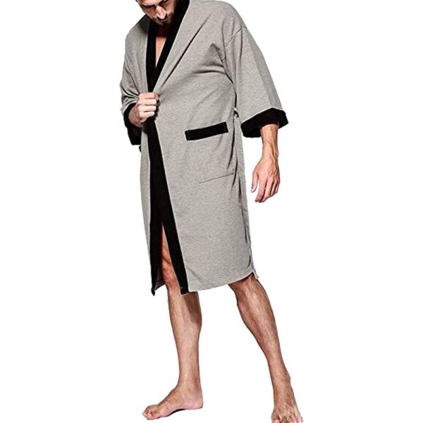 Men's Waffle Kimono Robe Cotton Lightweight Nightgowns Spa Terry Cloth Bathrobe Sleepwear with Pockets