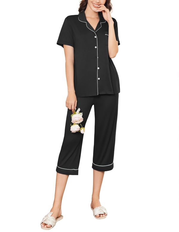 Capri Pajamas for Women Short Sleeve Button Down Sleepwear Comfy Lounge Set 2-Piece Pants Pjs