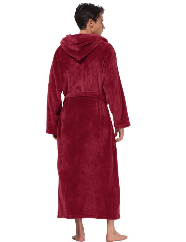 Men's Plush Hooded Bathrobe Winter Warm Fleece Robes Soft Flannel Long Robes with Pockets, Full Length