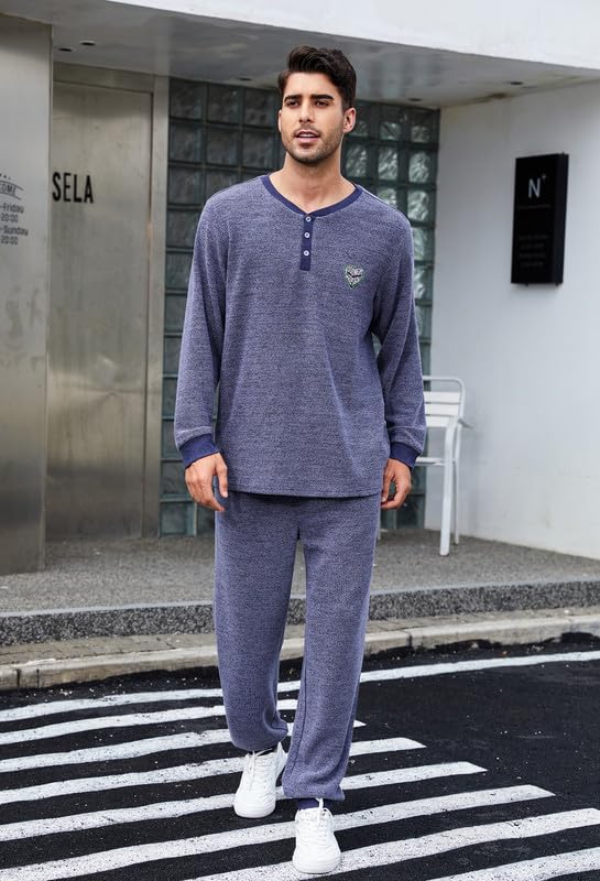 Mens Henley Collar Pajama Set Long Sleeve Pajamas for Men loungewear Casual Sleepwear Pjs Set