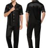 Couples Pajamas Sets Women & Men Satin Short Sleeve Sleepwear Button Down Loungewear Pjs Set with Long Pants