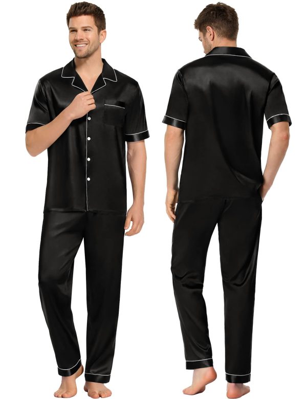 Couples Pajamas Sets Women & Men Satin Short Sleeve Sleepwear Button Down Loungewear Pjs Set with Long Pants
