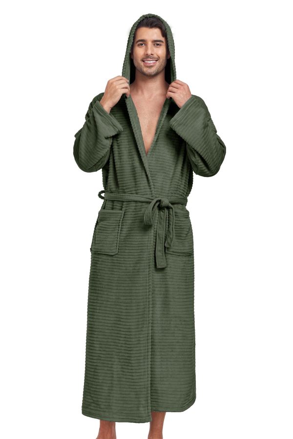 Mens Fleece Hooded Bathrobe Soft Plush Long House Coat with Pockets Flannel Nightgown Fluffy Warm Robe Sleepwear
