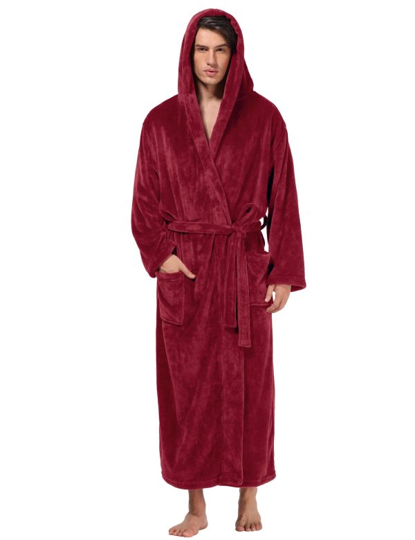 Men's Plush Hooded Bathrobe Winter Warm Fleece Robes Soft Flannel Long Robes with Pockets, Full Length