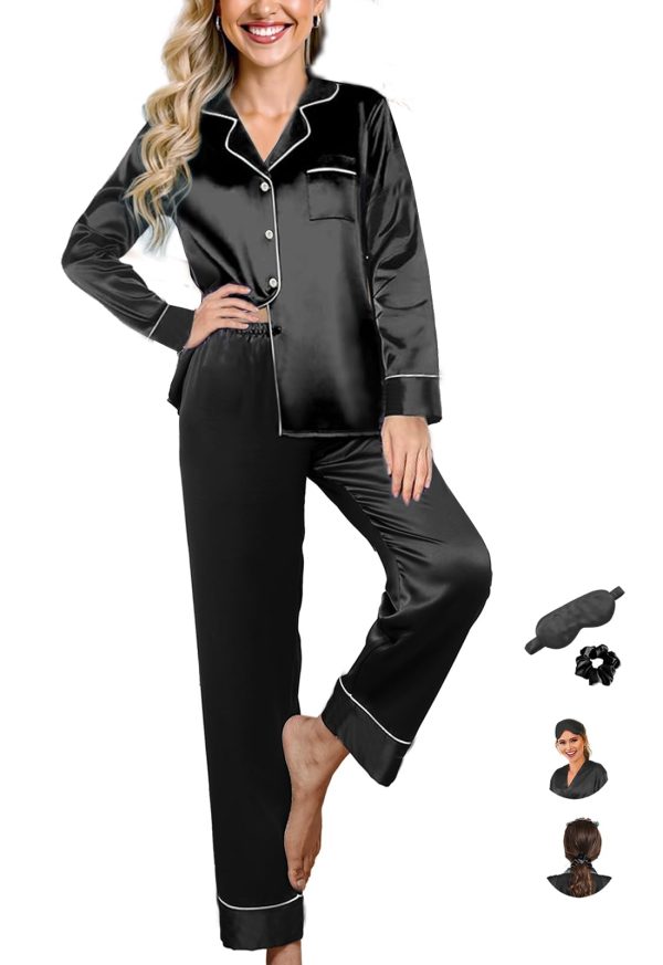 Womens Pajama Set Silk Satin Pajamas Long 2pc Pjs Button Down Sleepwear Pj Set Loungewear