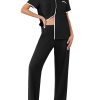 Women Pajamas Button Down Notch Collar Soft Short Sleeve Pjs with Long Pant Lounge Set