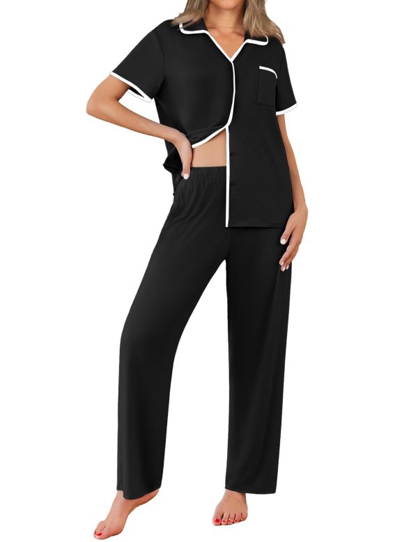 Women Pajamas Button Down Notch Collar Soft Short Sleeve Pjs with Long Pant Lounge Set