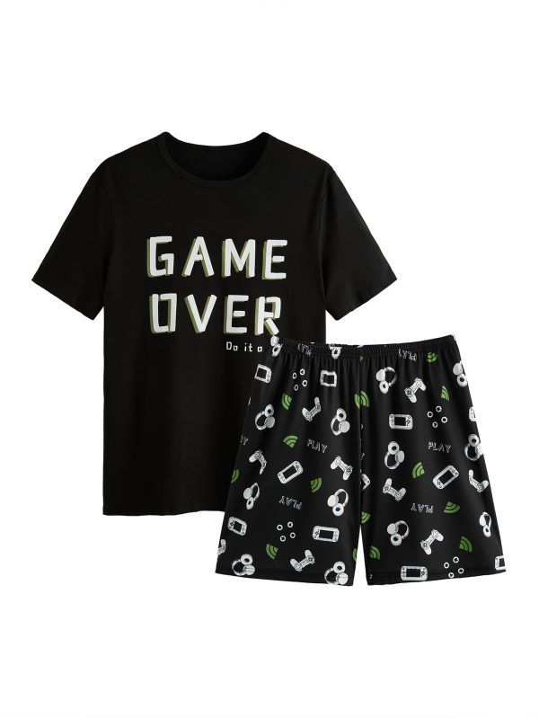 Men's 2 Piece PJ Sets Pajama Shorts Sets Short Sleeve Letter Print Tee and Short Lounge Set