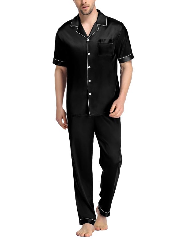 Mens Satin Silky Pajama Set Short Sleeve Classic Sleepwear Button Down Loungewear with Long Pants