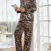 Men's Satin Leopard Lapel Neck Button Down Long Sleeve Top and Pants 2 Piece Pajama Set