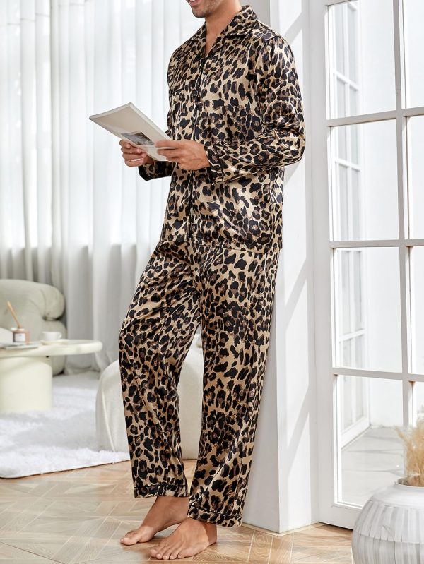 Men's Satin Leopard Lapel Neck Button Down Long Sleeve Top and Pants 2 Piece Pajama Set