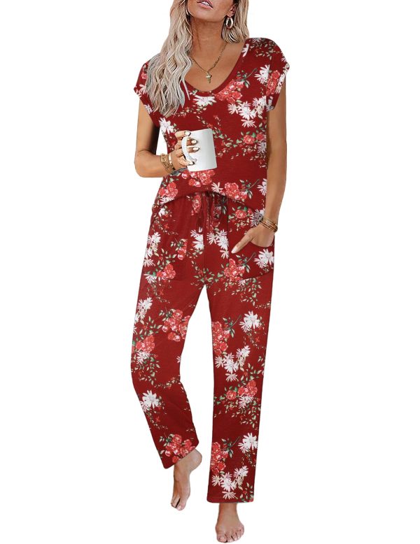 Womens Pajama Sets Short Sleeve Sleepwear Tops and Long Pants V Neck Pjs 2 Piece Lounge Set with Pockets S-XXL