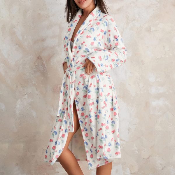 Women's Soft Summer Dressing Gown Floral Fruit Print Plush Shawl Collar Bathrobe Warm Lounge Robe with Belt