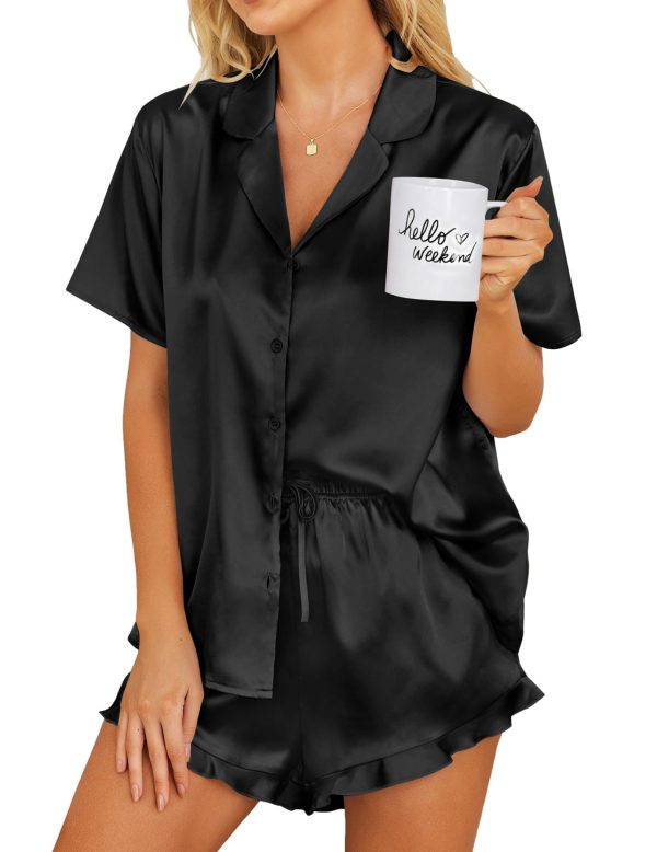 Womens Silk Pajamas Set Button Down 2 Piece Satin Pjs Shorts Set Ruffle Notch Collar Sleepwear