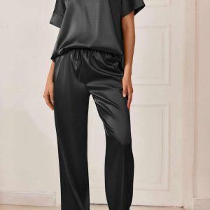 Satin Pajama Set Womens Silk Short Sleeve V Neck Shirt with Long Pant Soft Loungewear Pjs Set