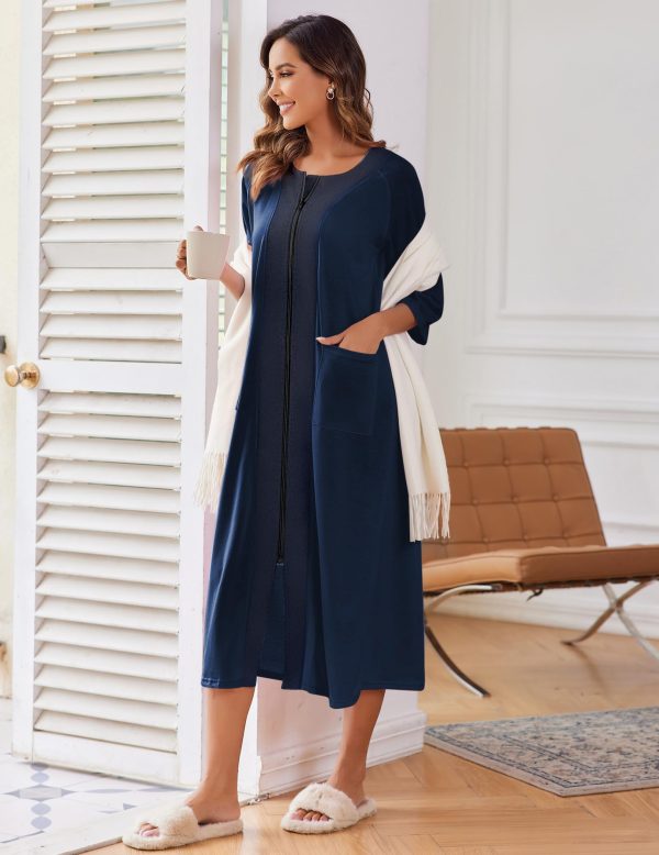 Women's Zipper Robe 3/4 Sleeve Housecoats Full Length House Dress Loungewear Long Nightgown with Pockets