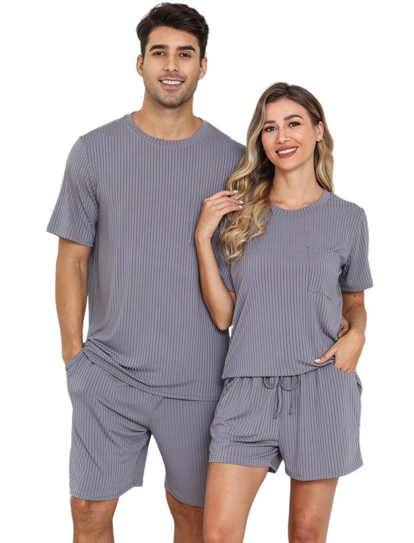 Matching Pajamas for Couples 2 Piece Lounge Set Ribbed Knit Pajama Matching Tops and Shorts Soft Sleepwear S-XXL