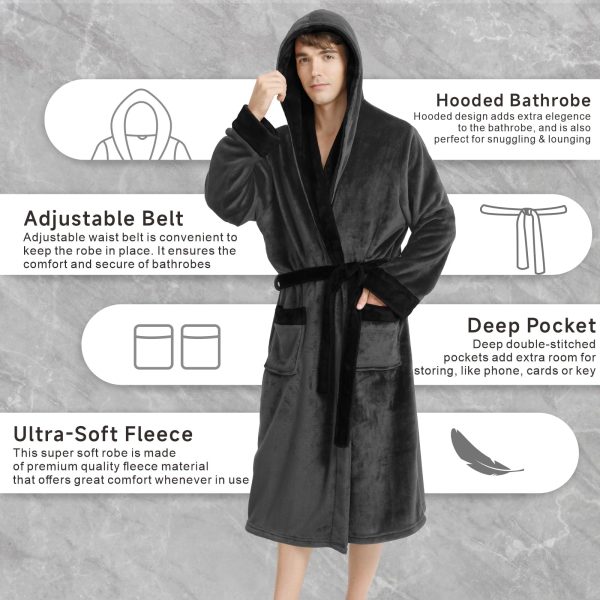Luxury Mens Robe with Hood, Ultra Cozy Fleece Bathrobe for Men, Plush Hooded Robe with Belt & 2 Pockets