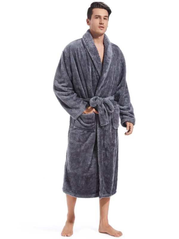 Mens Plush Fleece Robe, Cozy Warm Bathrobe Fuzzy Male Spa Long Robe With Pockets (DARK GREY)
