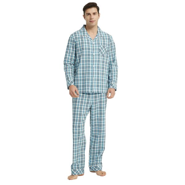Mens Cotton Pajama Set, Button Down Woven Pajama Set for Men Plaid Men's Sleepwear