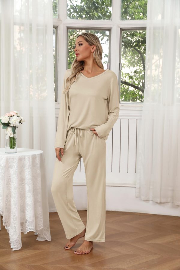 Womens 2 Pack Pajama Set Long Sleeve Pajamas Top and Pants V Neck Pjs Set Soft Loungewear with Pockets