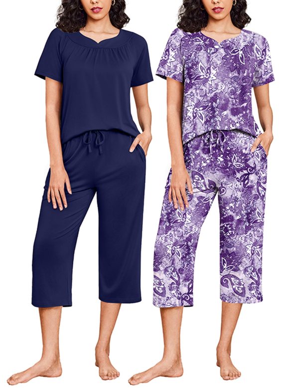 2 Pack Capri Pajamas Set Women Mumu Pjs Sets Short Sleeve Top and Capri Pants Lounge Sets Sleepwear with Pockets