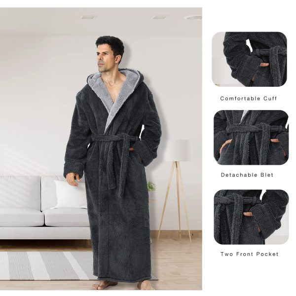Mens Long Robes with Hood Full Length Hooded Bathrobe Fleece Plush Fluffy Housecoat Nightgown