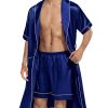 Men's Satin Robe with Shorts Set Silky Short Sleeve Kimono Bathrobe Lightweight Soft Sleepwear