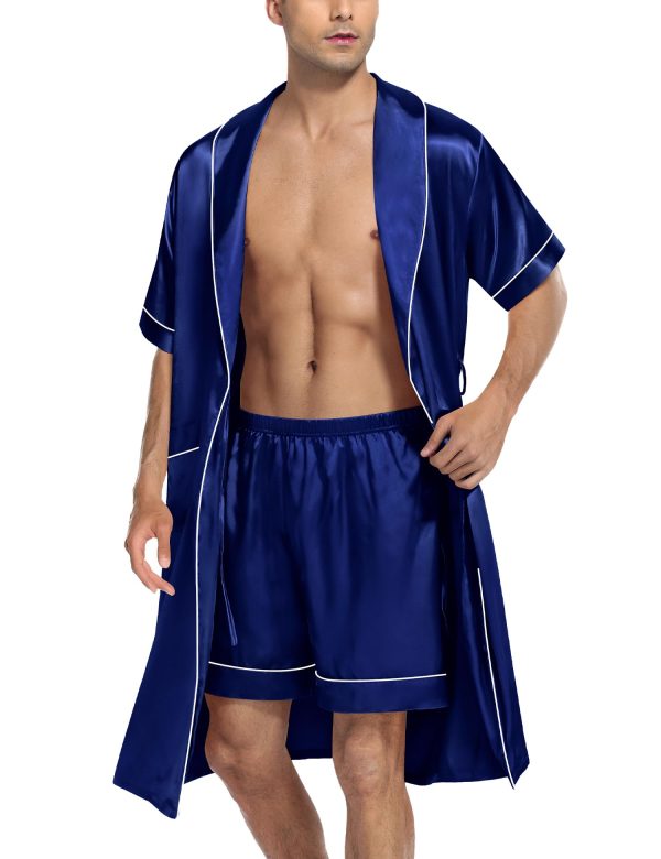 Men's Satin Robe with Shorts Set Silky Short Sleeve Kimono Bathrobe Lightweight Soft Sleepwear