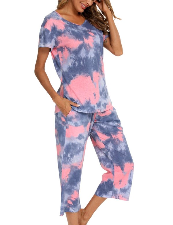 Women's Tie Dye Pajamas Sets Lounge Short Sleeve Top with Capri Pants Sleepwear 2 Piece Set