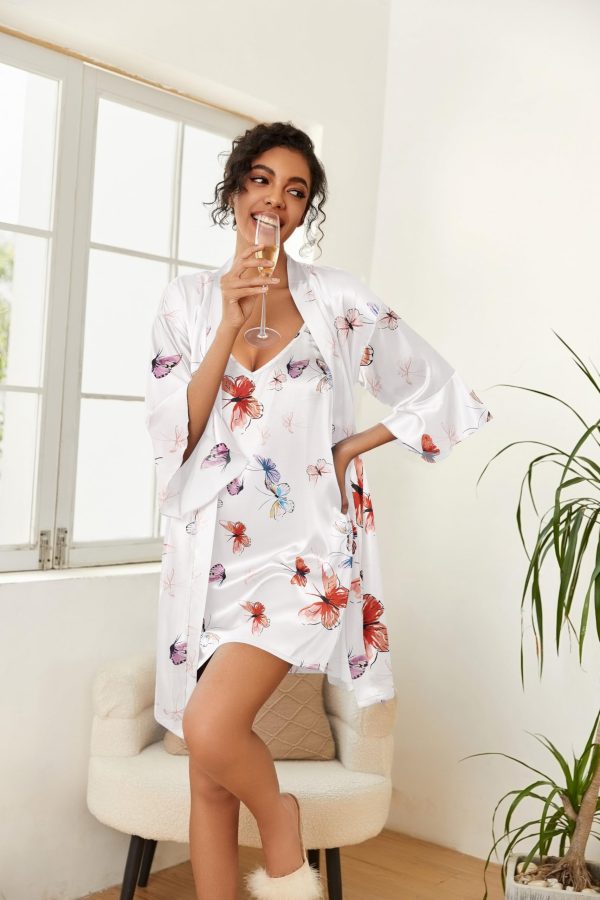 Women's Silk Robe Set V-neck 2 Piece Bridal Party Robes and Satin Bathrobe Set with Pockets