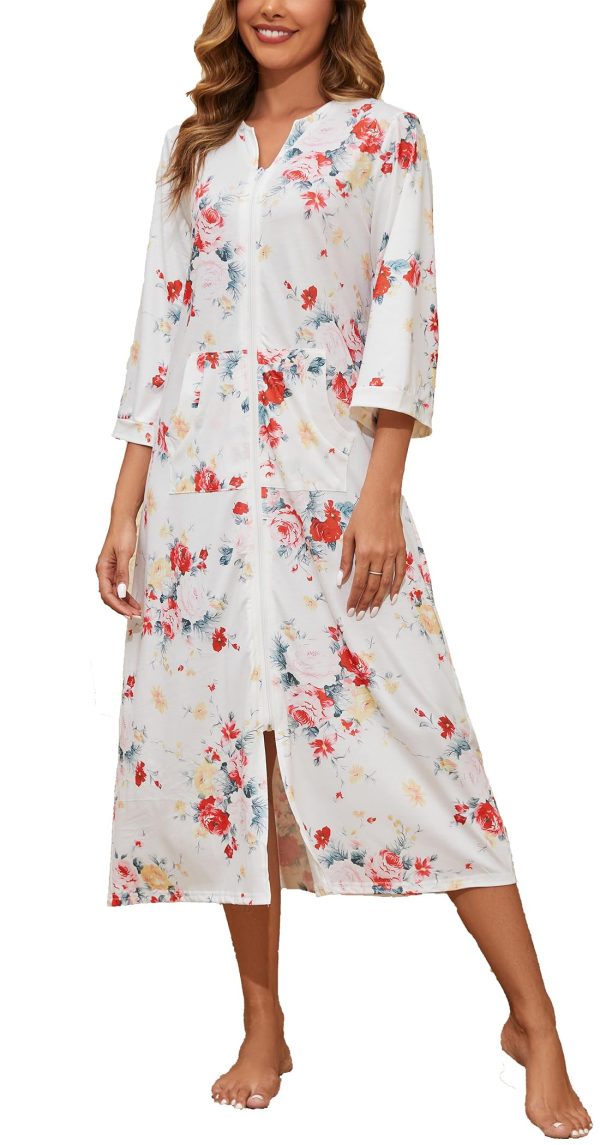 Zipper Robes for Women 3/4 Sleeve Housecoats Long Lightweight Bathrobe House Dress with Pockets