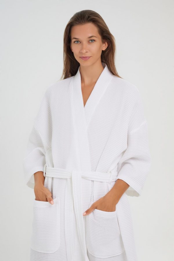 Square Waffle Spa Kimono Robe - Soft Light Hotel Bathrobe Cypress (One Size/Large, White)