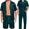Mens 3pcs Pajamas Set Silk Satin Short Sleeve Sleepwear Button Down Pjs Classic Loungewear Nightwear